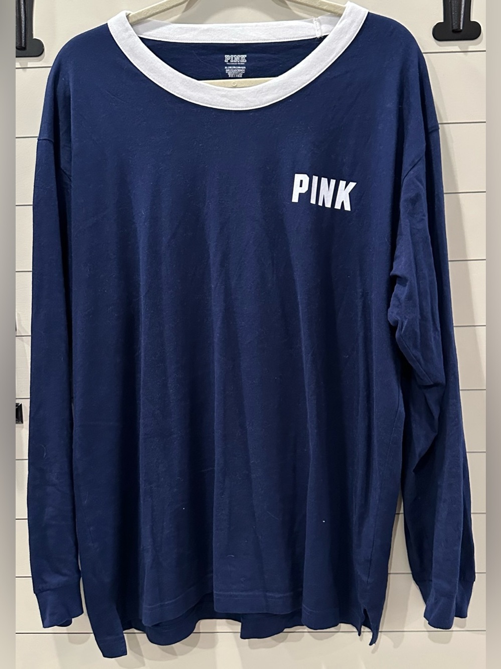 Like New PINK Victoria's Secret Navy Long-Sleeve Tee with White Trim Size XL